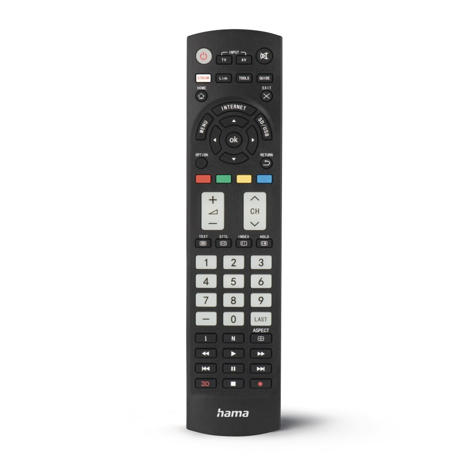 A black Hama TV remote control with various buttons and a white background.
