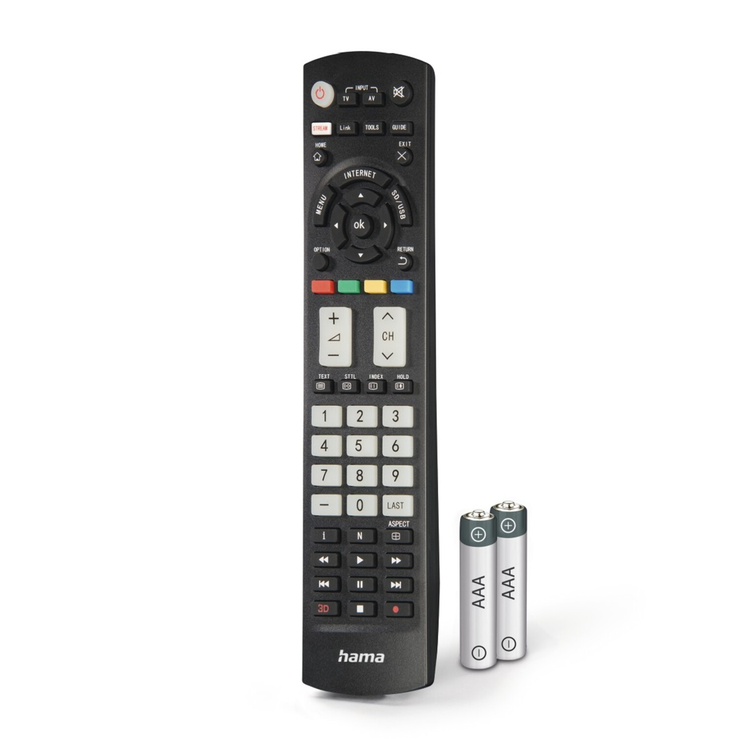 A black remote control with many buttons. Two AAA batteries are on the side.