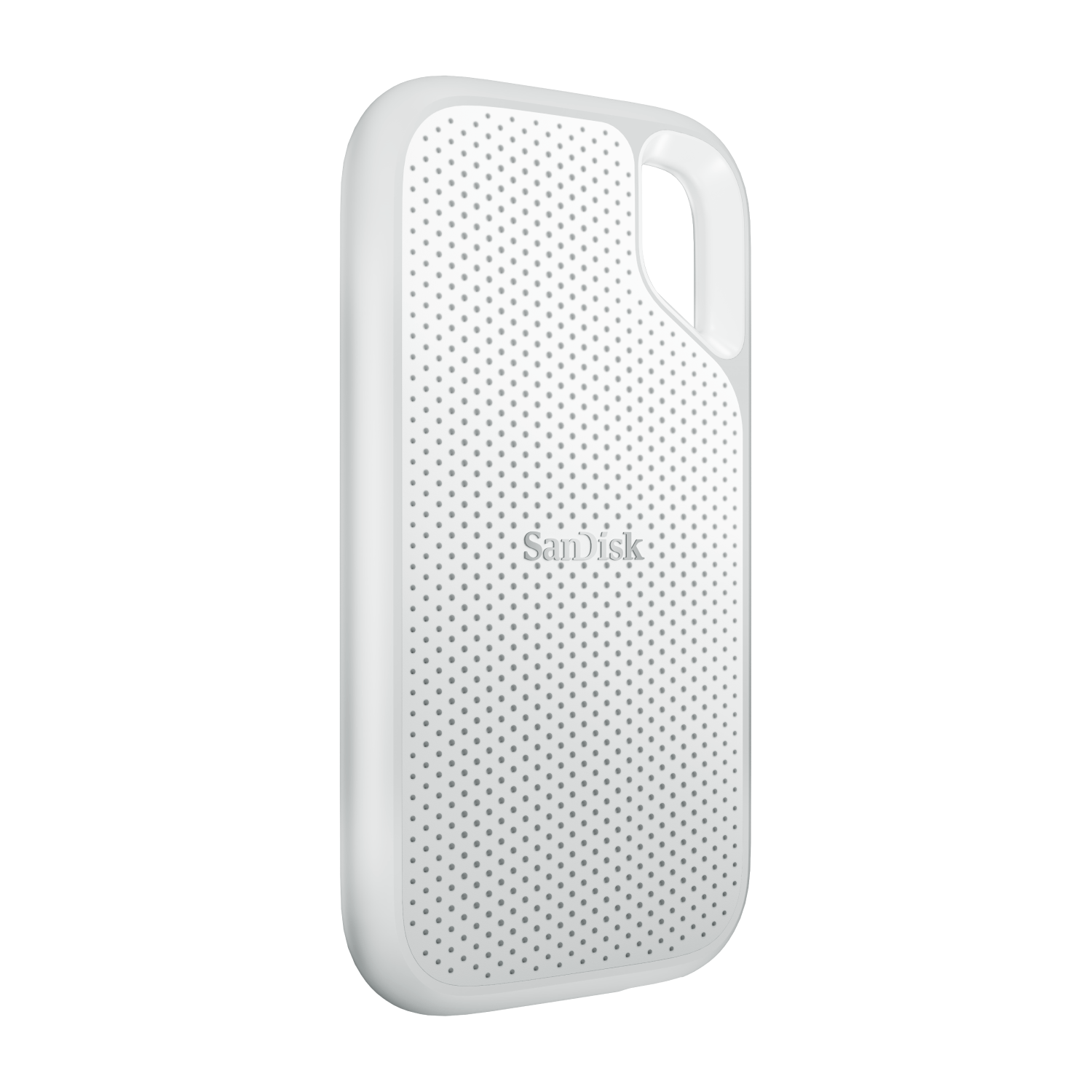 Un SSD portátil SanDisk blanco con un diseño perforado.