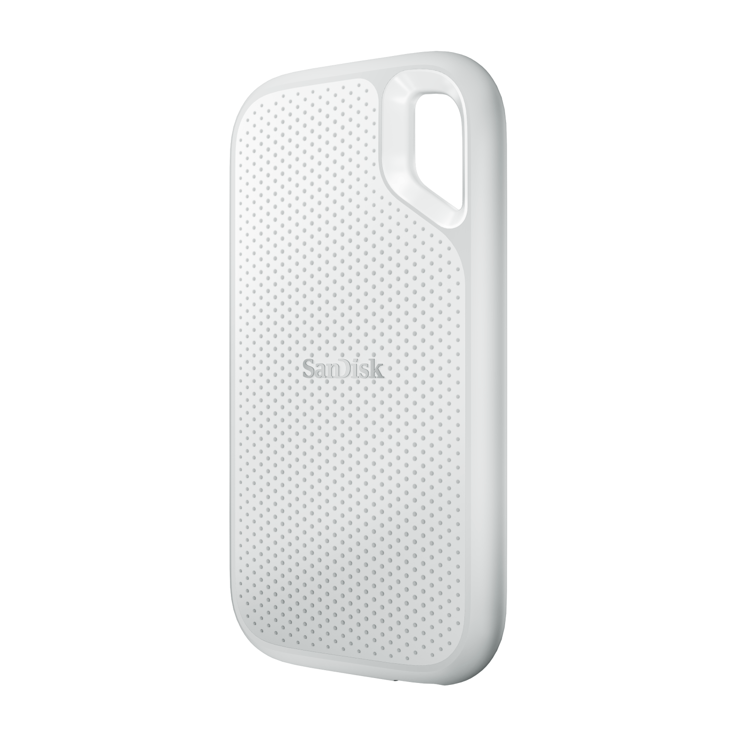 Disco duro externo rectangular blanco con superficie perforada y asa pequeña.