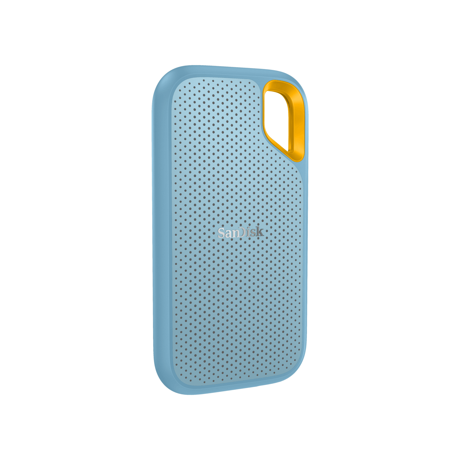 Altavoz portátil azul y amarillo con agujeros. El altavoz está sobre un fondo blanco.