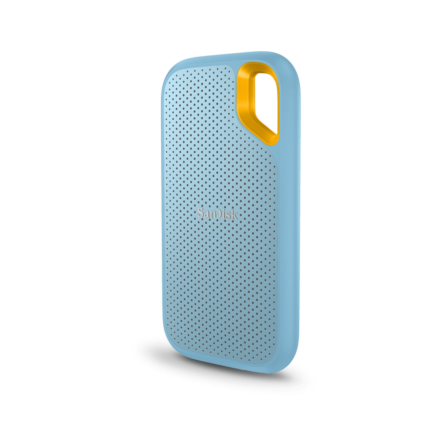 Un altavoz portátil SanDisk azul y amarillo. Tiene un asa y una superficie perforada.
