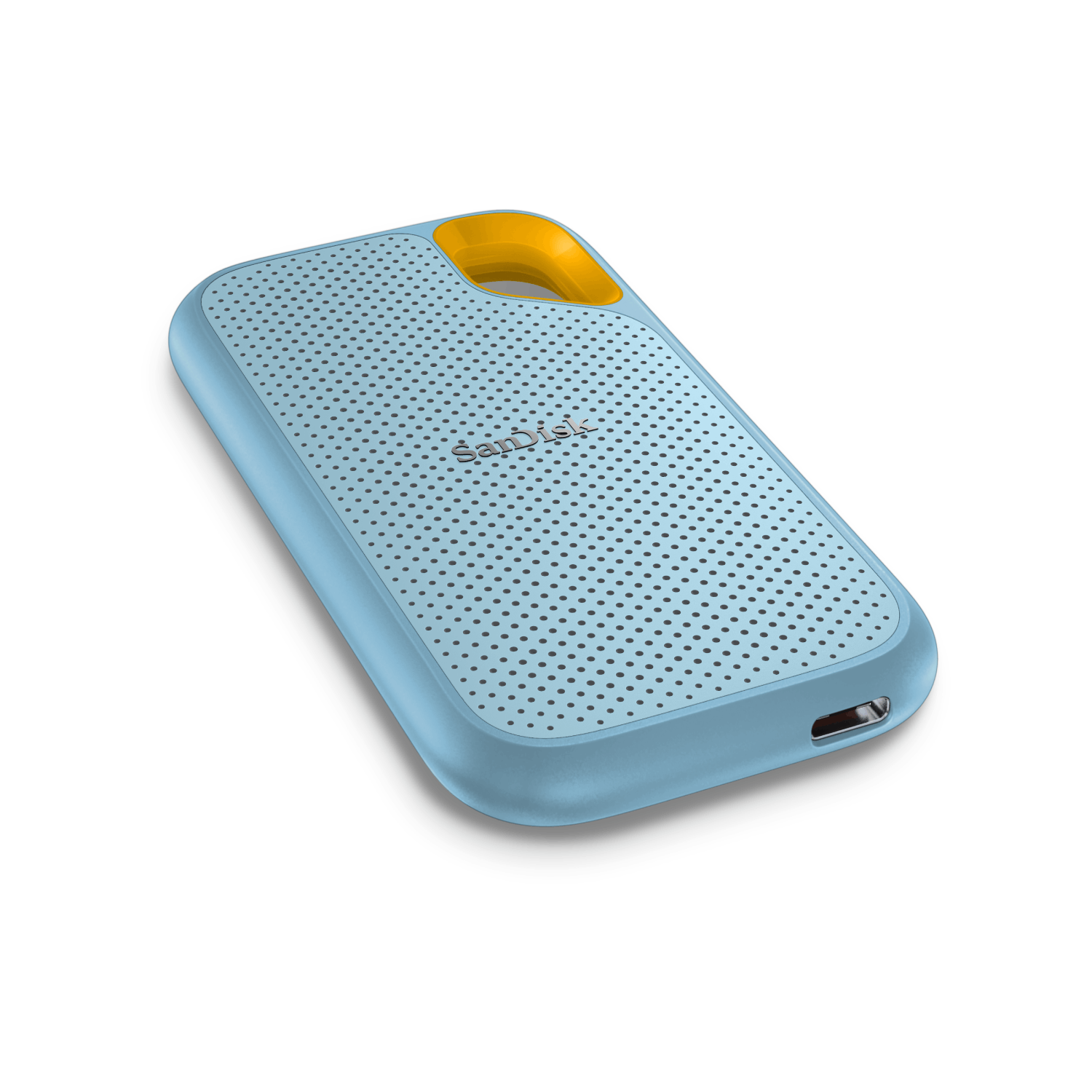 Un disco duro portátil azul claro con un anillo amarillo. El disco duro tiene perforaciones.