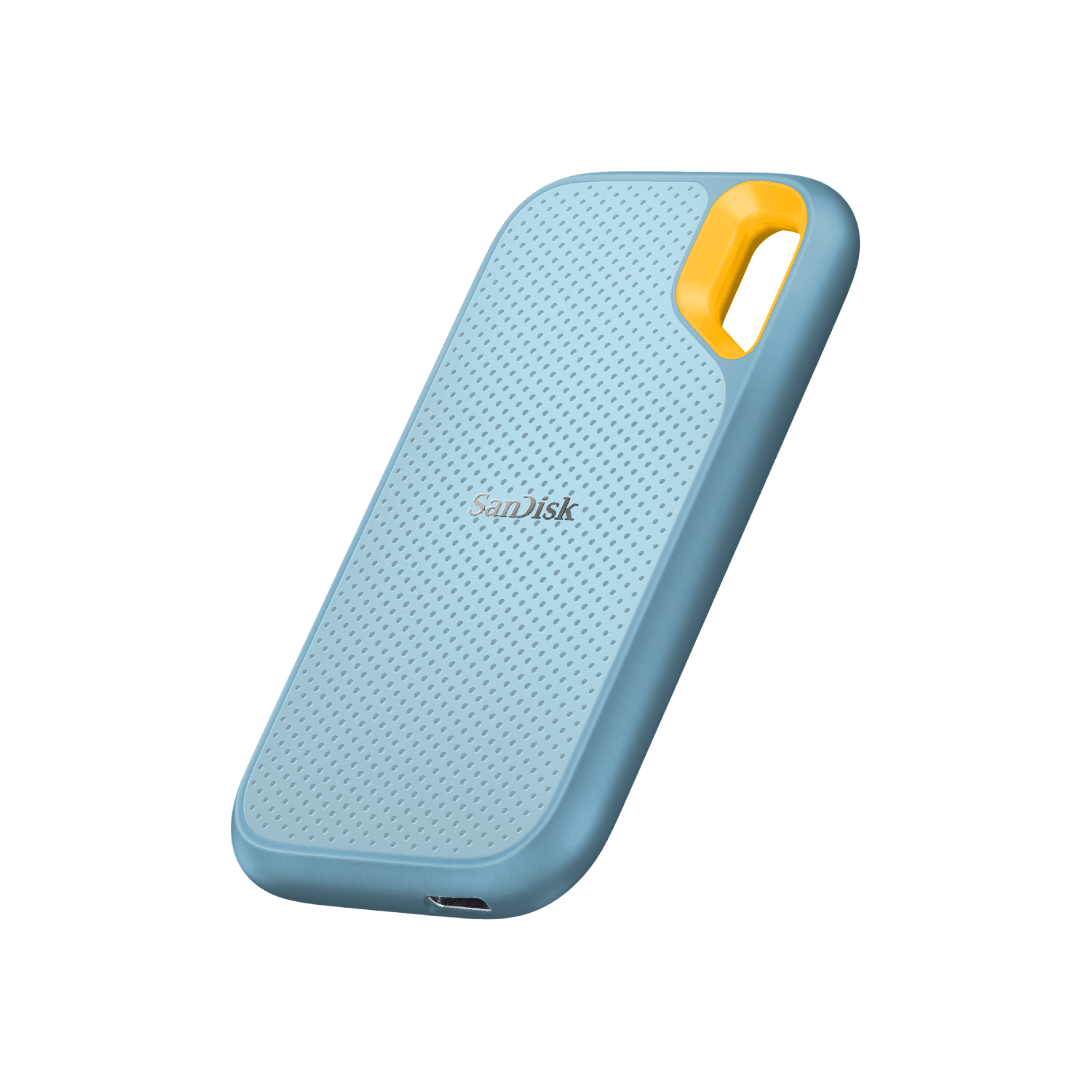 SSD portátil SanDisk azul con bucle amarillo, fondo blanco.