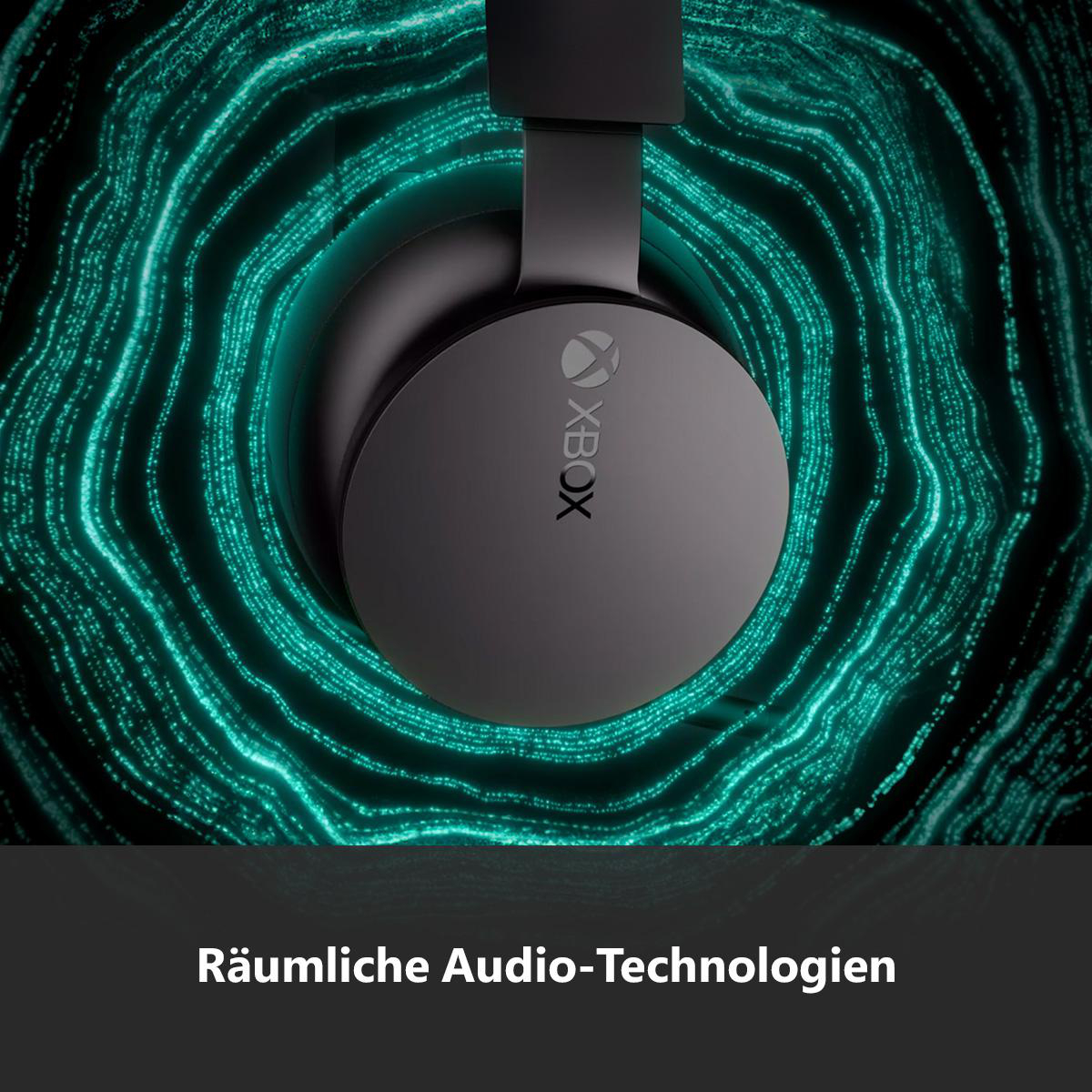 Schwarze Xbox-Kopfhörer mit Markenlogo, umgeben von einem wirbelnden grünen Lichteffekt in dunkler Umgebung.