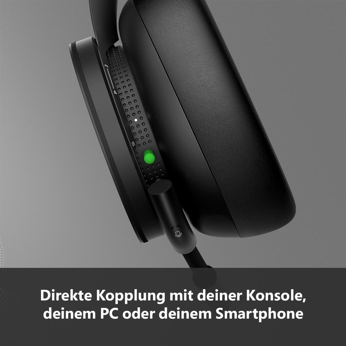 Schwarze Kopfhörer mit grünem Licht und deutschem Text: Direkte Verbindung mit deiner Konsole, PC oder Smartphone.