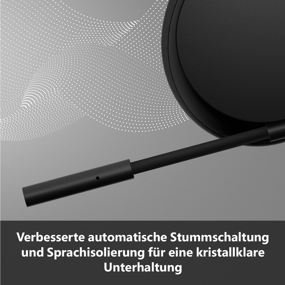 Schwarzes drahtloses Headset mit Mikrofon. Text: 'Verbesserte automatische Stummschaltung und Sprachisolierung'.