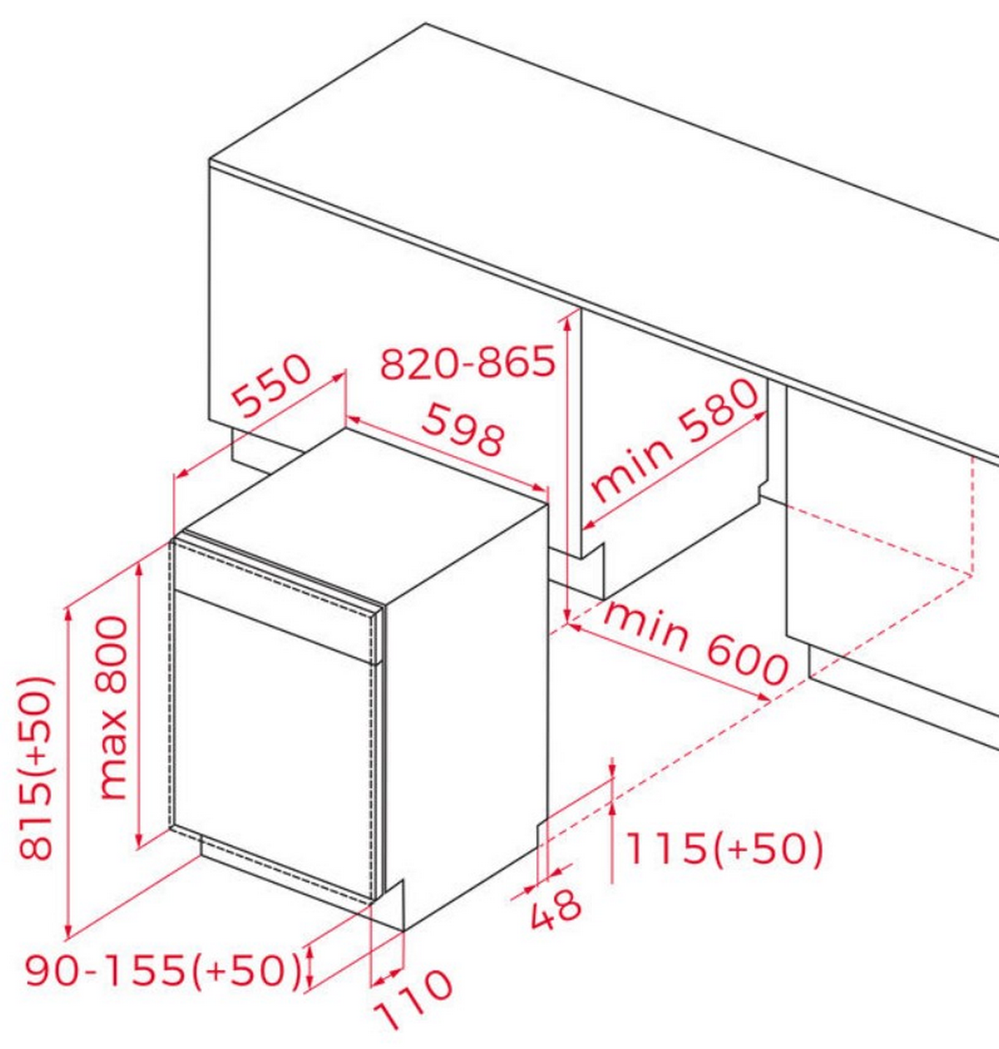 Dibujo técnico con dimensiones de lavavajillas empotrado.