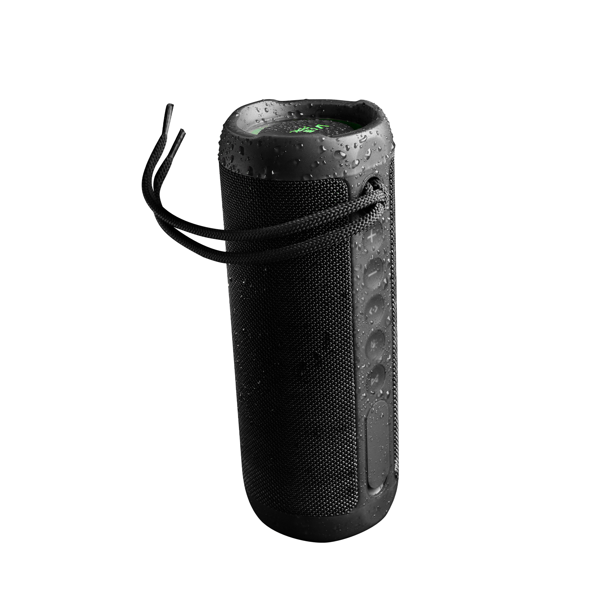 Un altavoz cilíndrico negro con una correa de transporte. Está mojado.