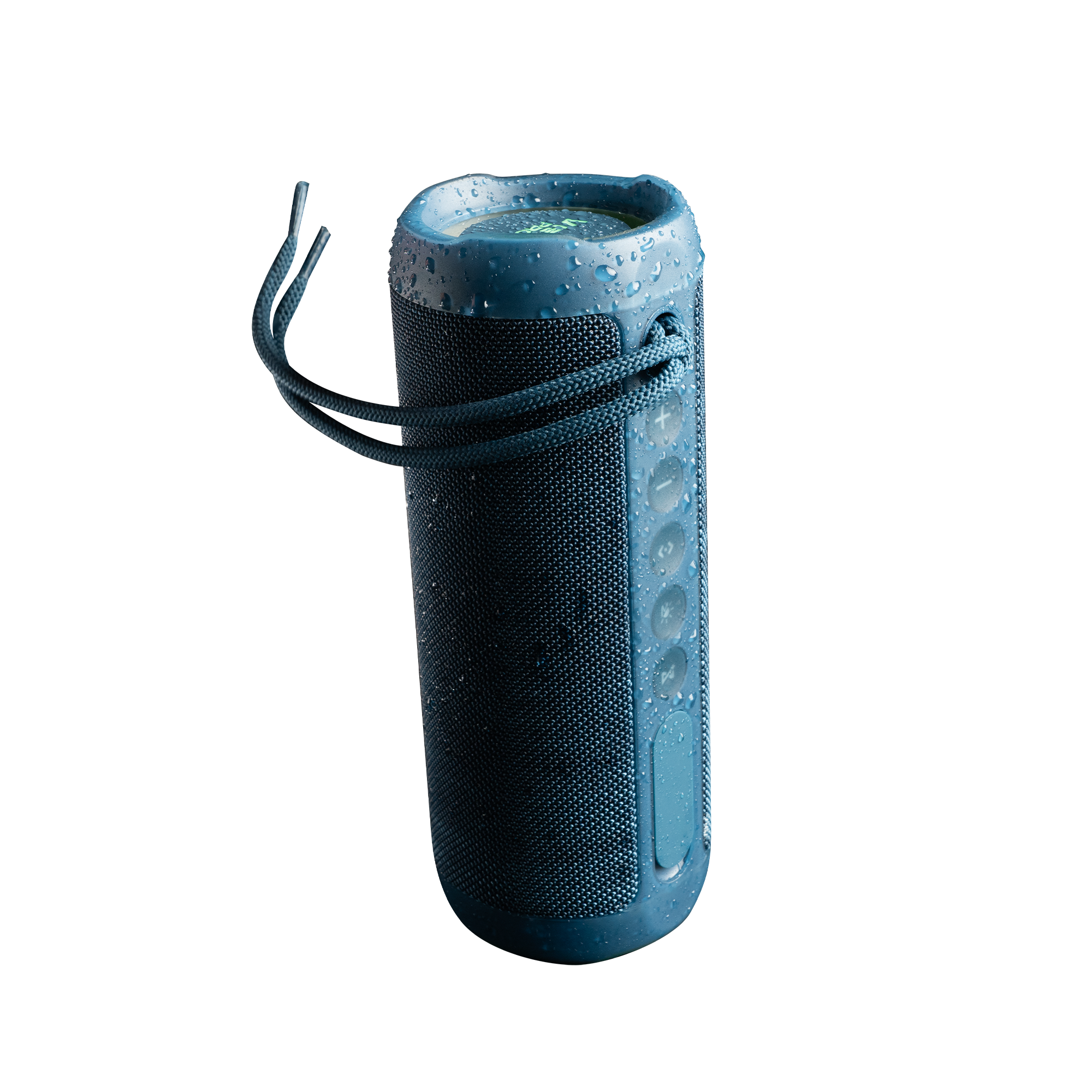Un altavoz cilíndrico azul oscuro con asa, gotas de agua y botones de control.