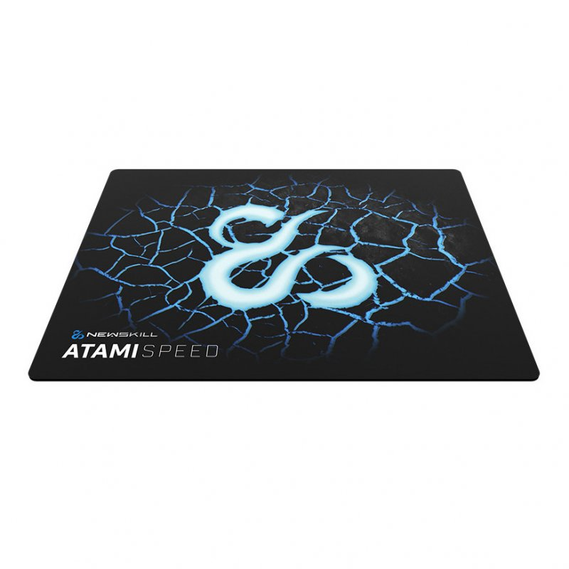 Alfombrilla de ratón para juegos negra con diseño de relámpago azul y logo Newskill ATAMISPEED.