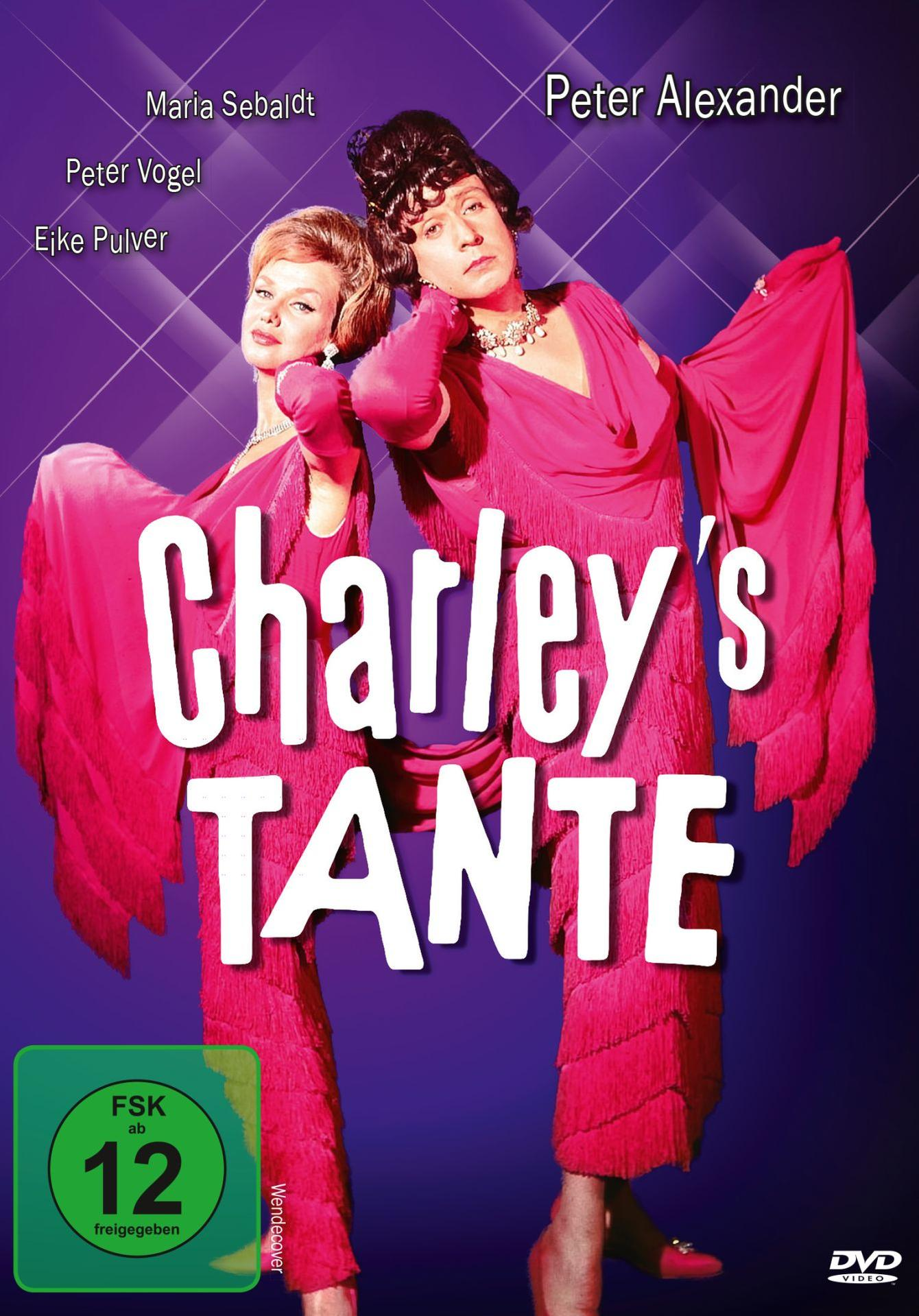 Charleys Tante DVD-Cover mit zwei Drag-Schauspielern, lila Hintergrund.