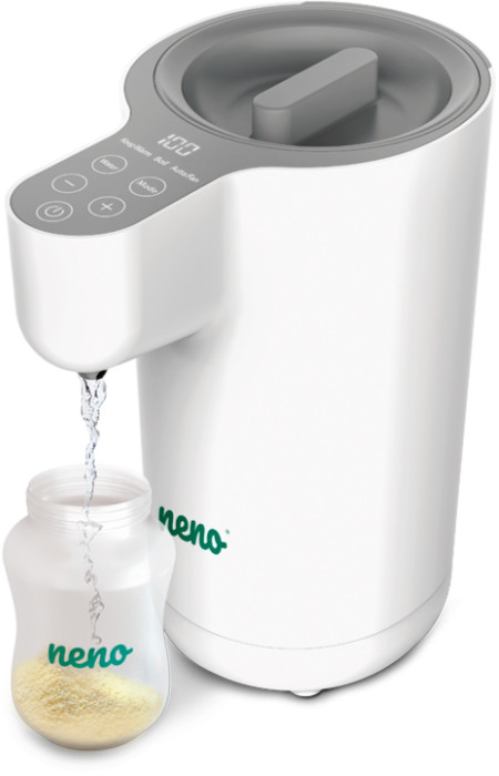 Biała podgrzewacz do butelek dla niemowląt z butelką i strumieniem wody. Podgrzewacz ma przyciski i wyświetlacz cyfrowy.