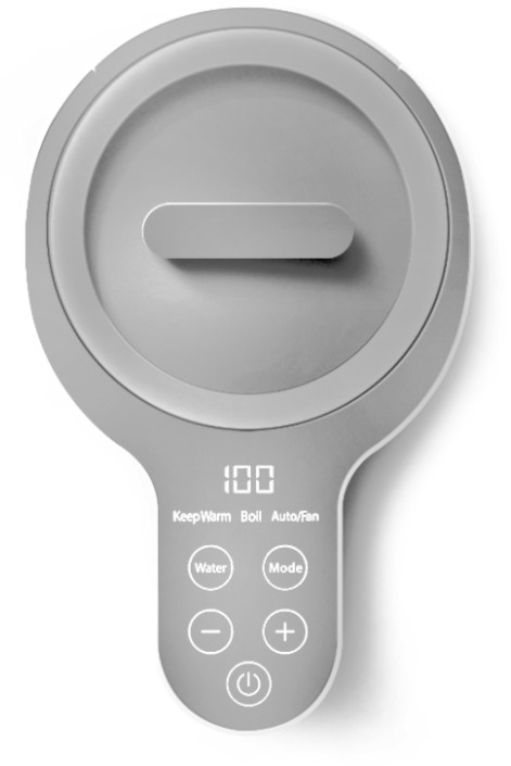 Szare, okrągłe urządzenie z panelem sterowania pokazującym liczby i przyciski.