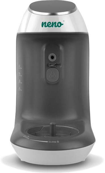 Szaro-biała podgrzewacz do butelek dla niemowląt z napisem 'neno' na górze.