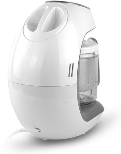 Biało-szara maszynka do jedzenia dla niemowląt. Owalny kształt. Kabel wychodzi z podstawy.