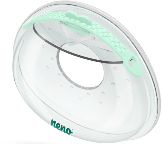 Przezroczysta końcówka laktatora z miętowym uchwytem.