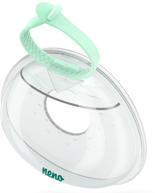 Przezroczysta, okrągła część laktatora z miętowym paskiem, widziana z bliska.