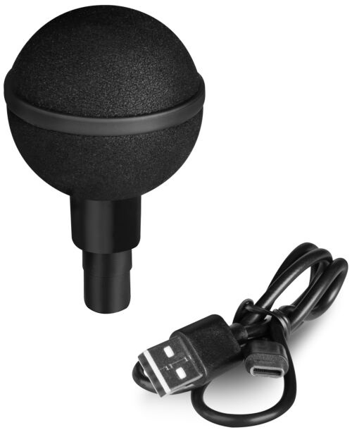 Czarna piłka do masażu z kablem i złączami USB i USB-C. Piłka ma teksturowaną powierzchnię i spoczywa na czarnym trzonie.