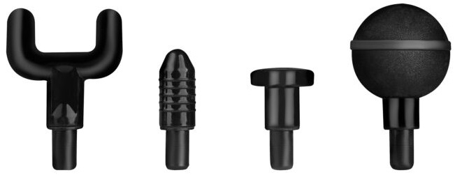 Cztery czarne nasadki do pistoletu do masażu: widelec w kształcie litery U, głowica w kształcie pocisku, płaska głowica i głowica kulista.