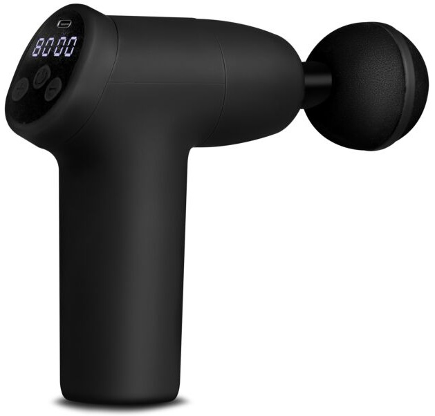 Czarny pistolet do masażu z okrągłą głowicą. Posiada cyfrowy wyświetlacz z wartością 8000. Widoczne są przyciski. Uchwyt jest gładki.