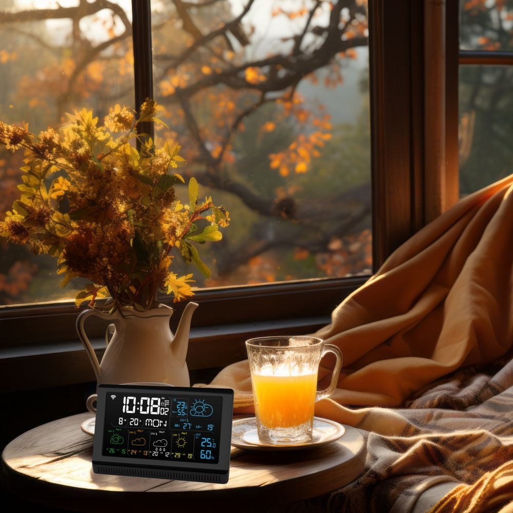 Stacja pogodowa ze szklanką soku pomarańczowego i widokiem z okna.
