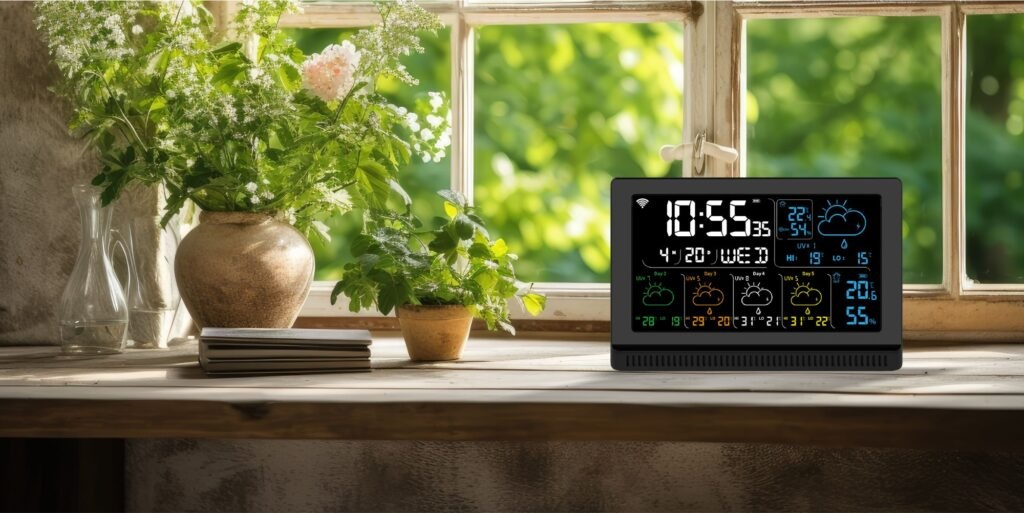 Stacja pogodowa na parapecie z roślinami i widokiem na zewnątrz.