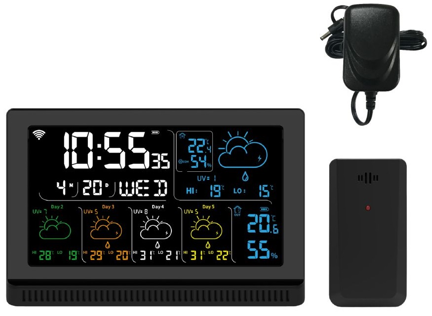 Stacja pogodowa wyświetla czas, datę, warunki pogodowe, czarny zasilacz i czujnik.