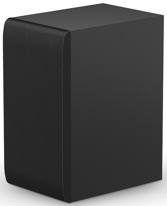 Czarny głośnik z zaokrągloną krawędzią, widok z boku. Powierzchnia gładka.