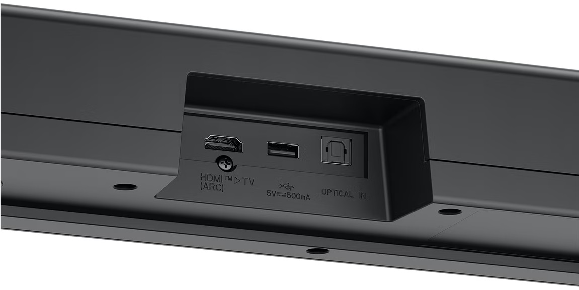 Czarny soundbar z portami HDMI, USB i optycznym.