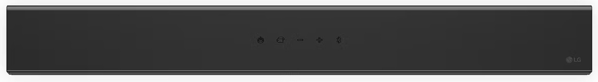 Czarny soundbar z przyciskami zasilania i sterowania. Widok z przodu, lekko pod kątem.