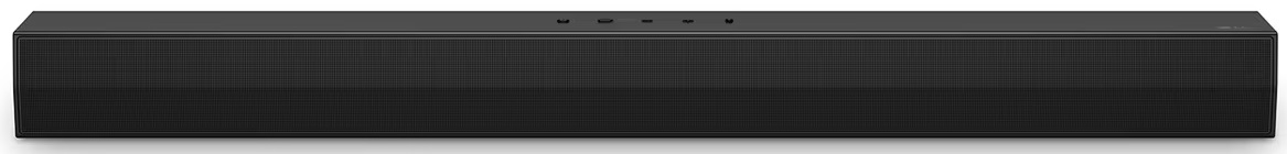 Czarny soundbar z siatkowym przodem i przyciskami na górze, na białym tle.