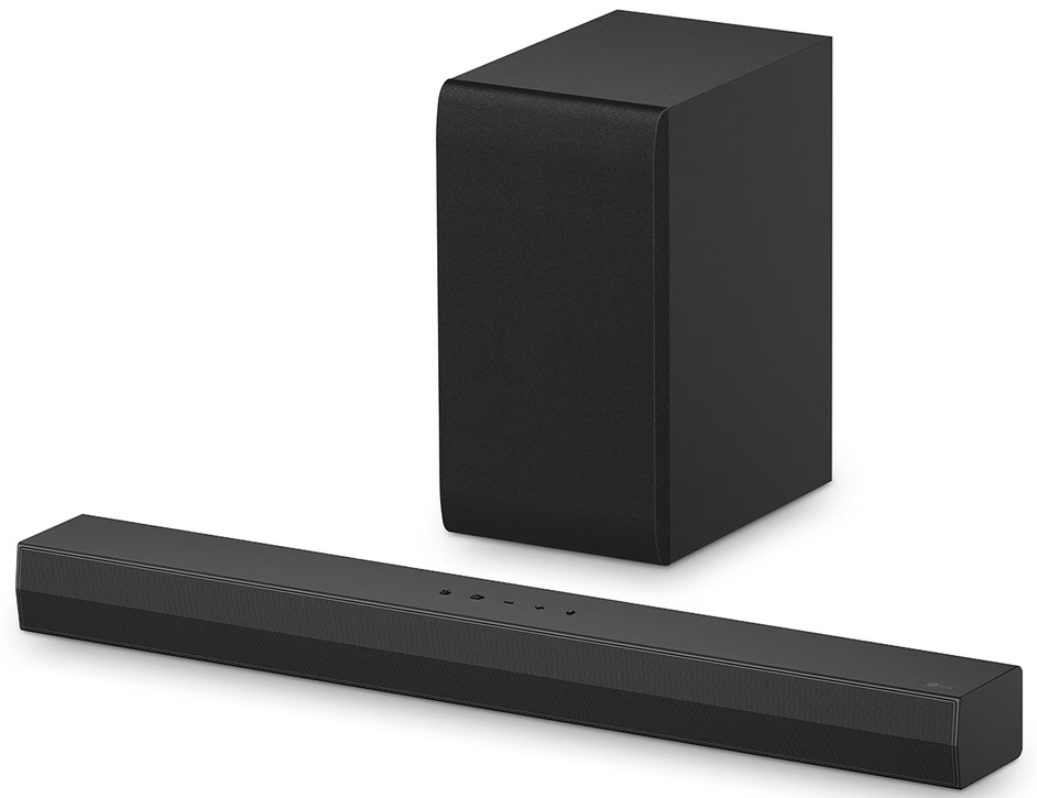 Czarny soundbar i subwoofer na białym tle, widok pod kątem.