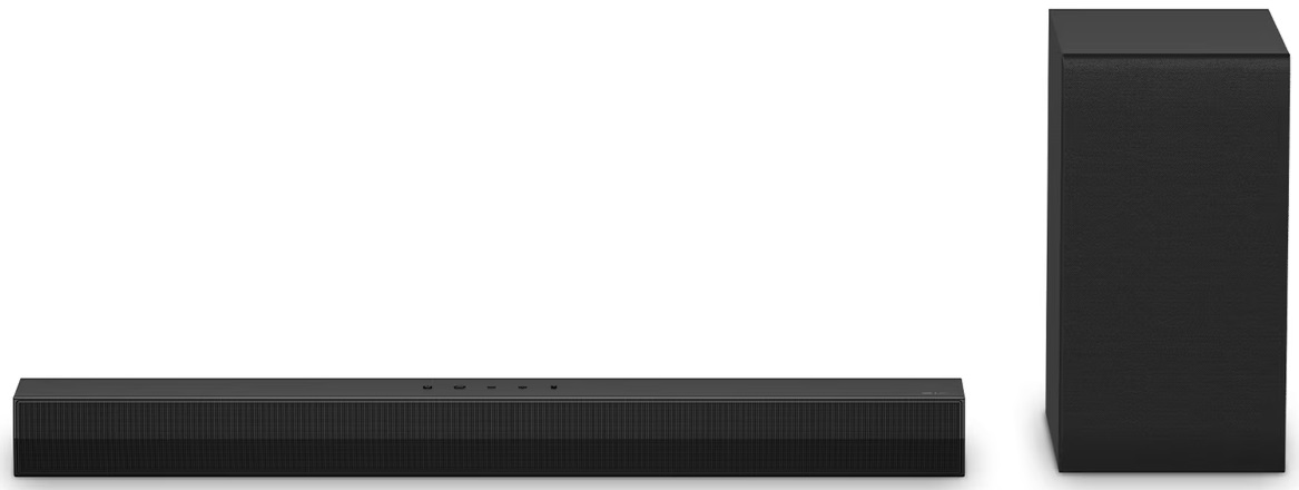 Czarny soundbar i subwoofer. Soundbar ma przyciski na górze. Subwoofer prostokątny.