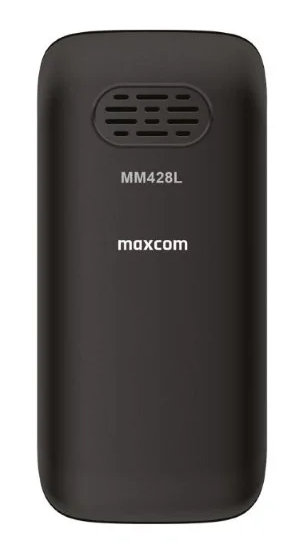 Czarny telefon Maxcom. Telefon ma otwór na słuchawkę u góry, widoczna nazwa marki.