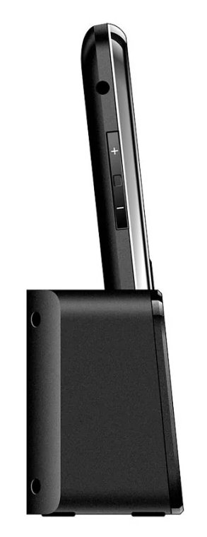 Czarny telefon w czarnej stacji ładującej.