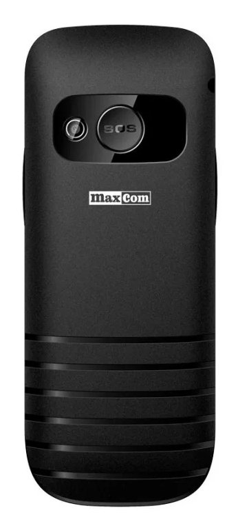 Tył czarnego telefonu MaxCom z przyciskiem SOS i aparatem.