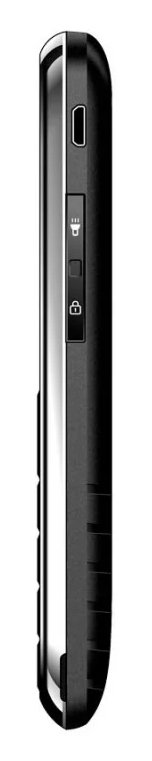 Widok z boku czarnego telefonu z przyciskami po bokach. Widoczny port USB.