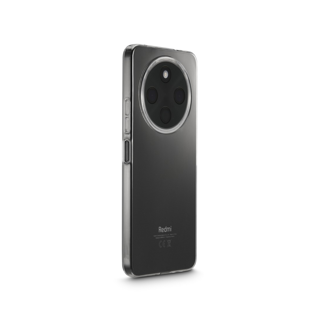Redmi-Telefon in einer durchsichtigen Hülle, mit Kameraanordnung auf der Rückseite.