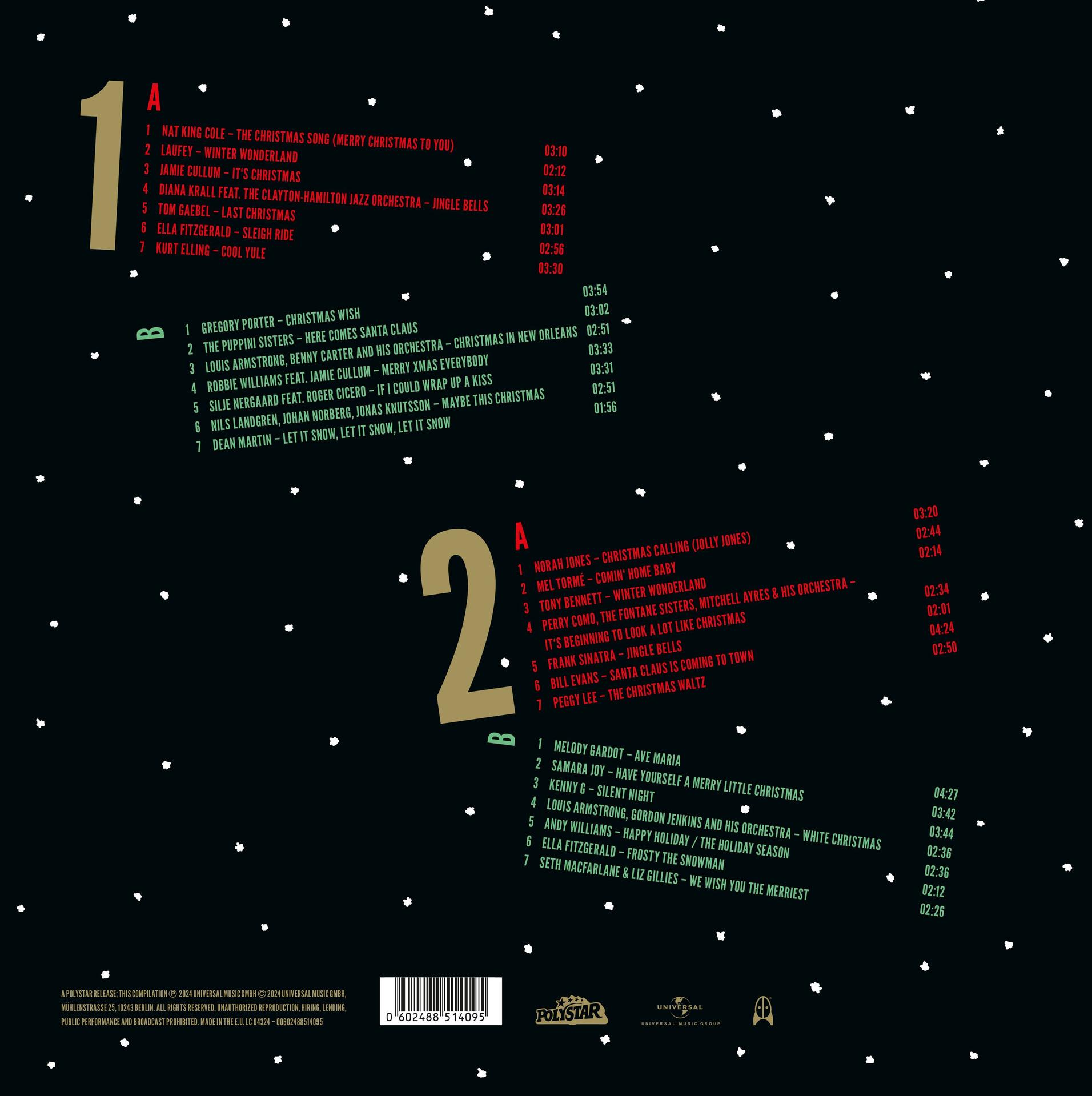 Zwei Schallplatten mit Titellisten, darunter Weihnachtslieder, auf weißem Grund.