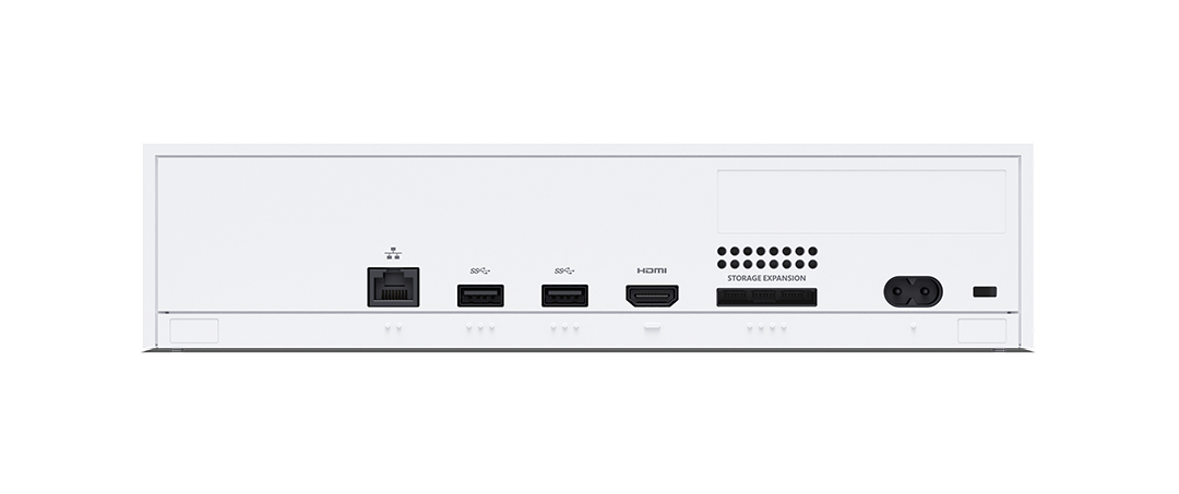 L'arrière d'une console de jeu blanche, montrant les ports réseau, USB, HDMI et extension de stockage.
