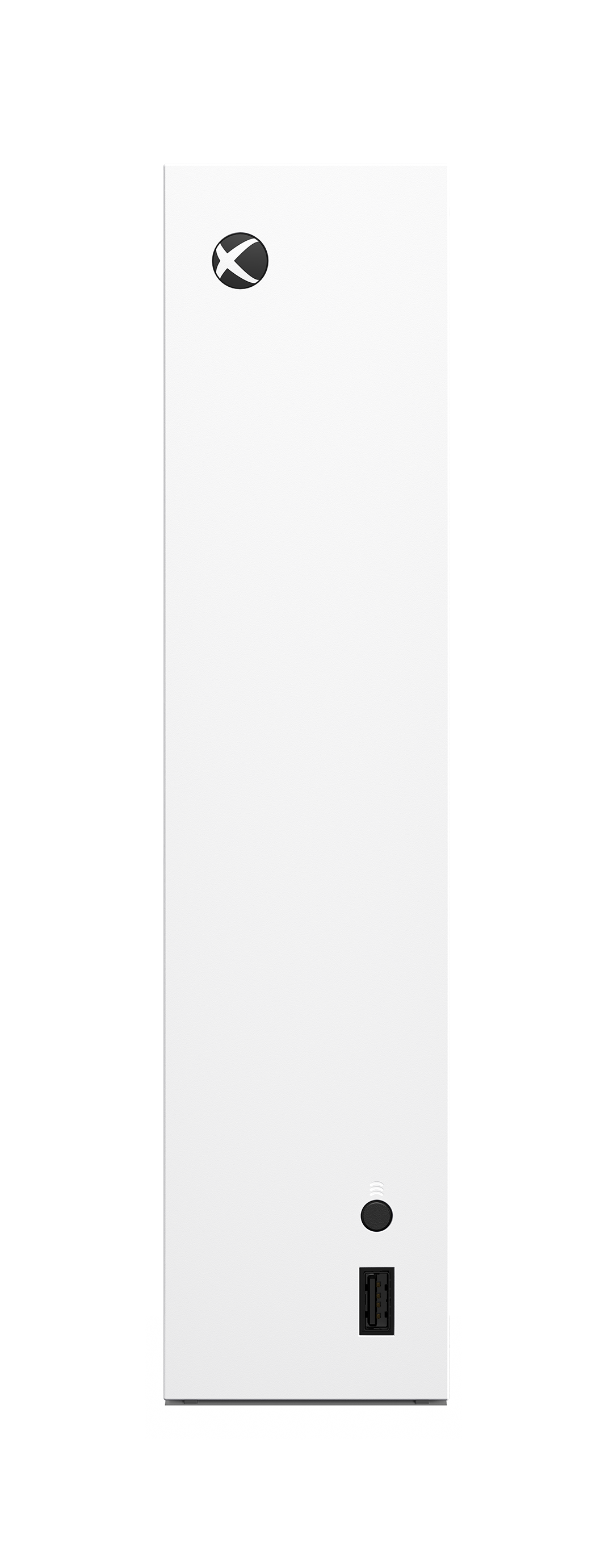 Console Xbox Series S blanche. La console est verticale sur fond noir. Logo Xbox en haut.