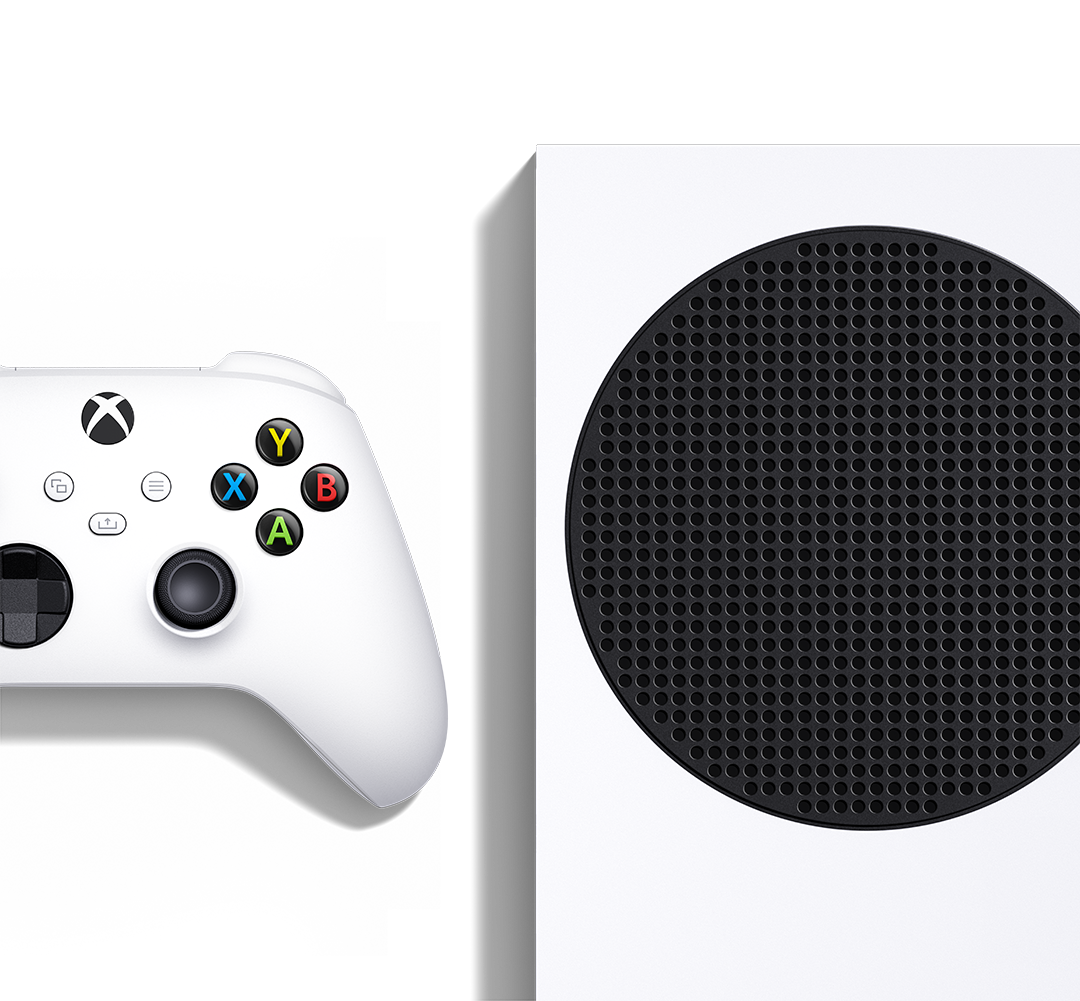 Manette Xbox blanche avec boutons colorés et dessus de console noir.