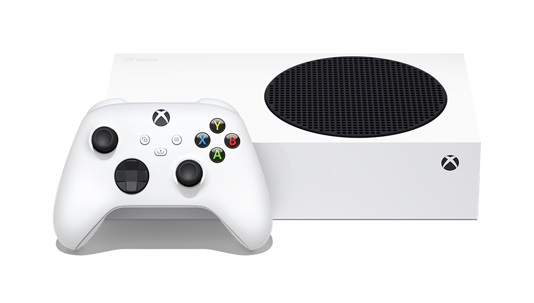 Console Xbox Series S blanche et manette blanche, les deux sur fond noir.