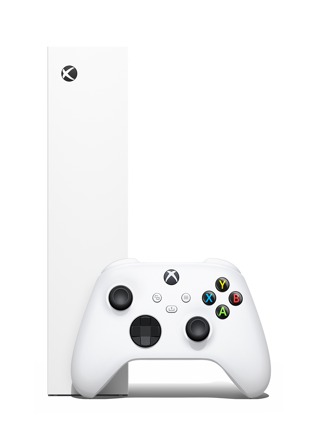 Console et manette Xbox Series S blanches. Fond noir.