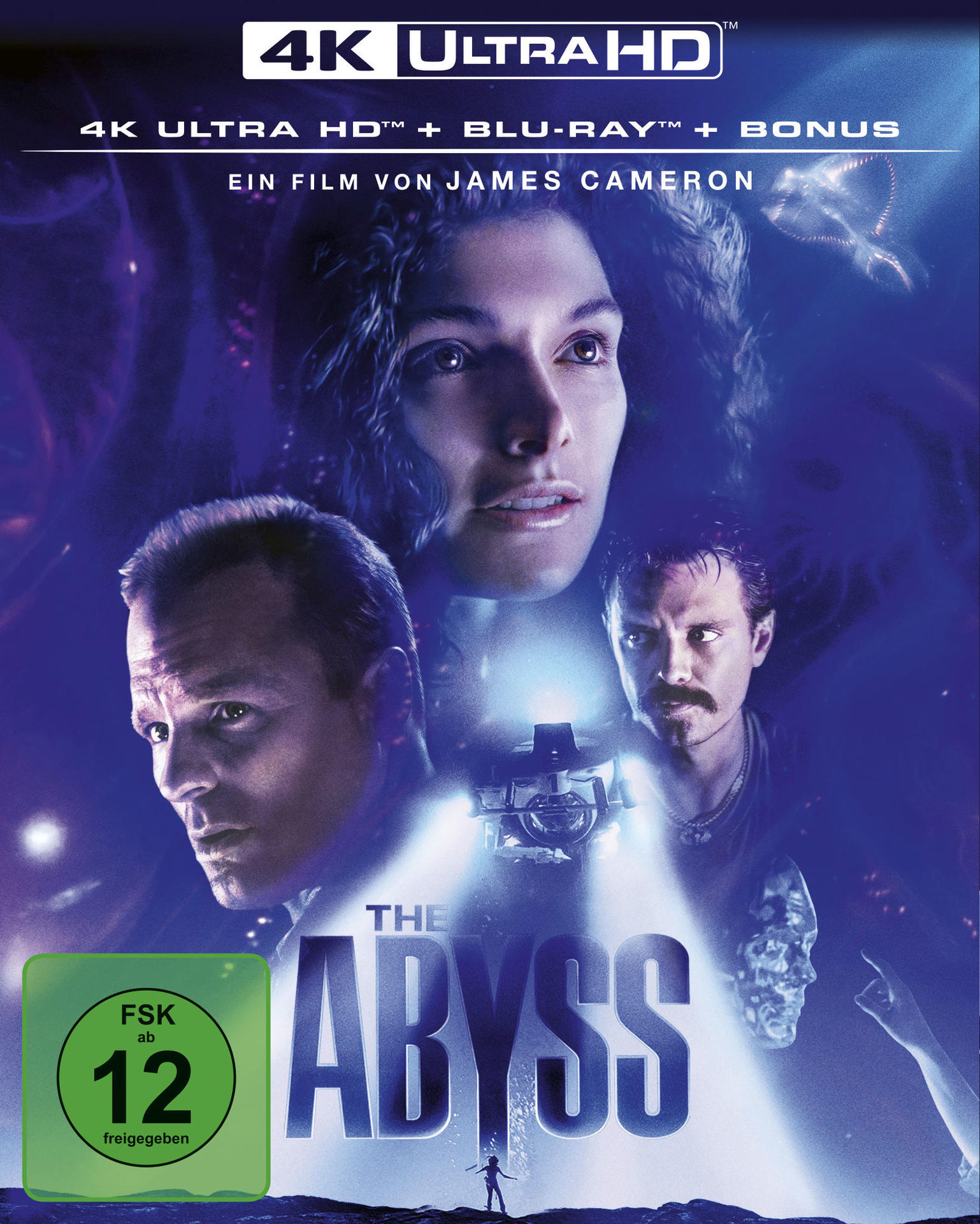 The Abyss Blu-ray-Cover. Enthält Schauspieler und eine Unterwasserszene. 4K Ultra HD, Blu-ray, Bonus.