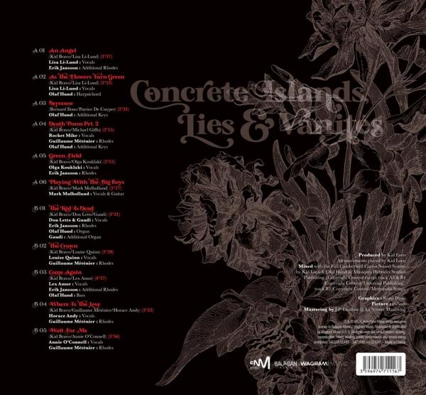 Albumcover mit Text und floralen Designs. Dunkler Hintergrund mit weißem Text und Illustration.