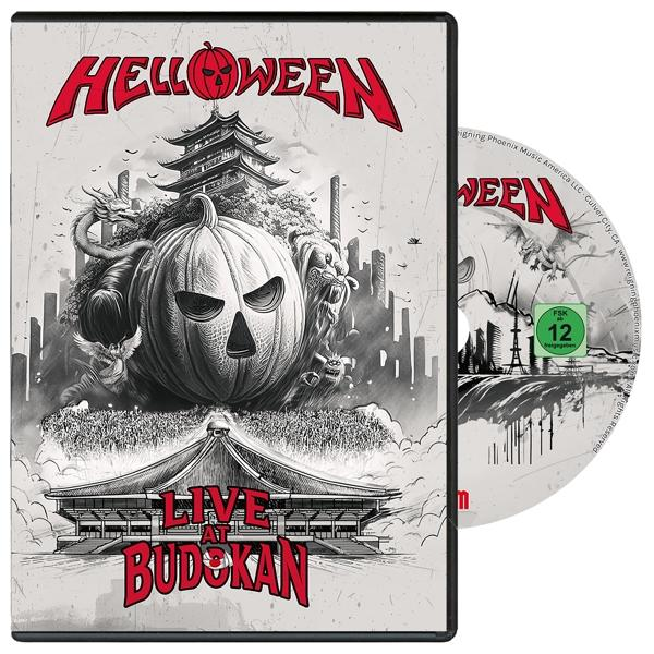 Helloween Live at Budokan DVD-Cover. Ein Kürbisgesicht mit Pagode und Drache.