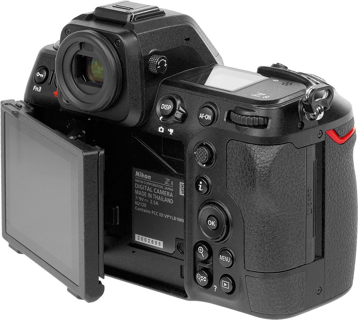 Siyah bir Nikon Z 8 dijital kamera gösteriliyor. LCD ekran açıktır. Düğmeler ve kadranlar görünür.
