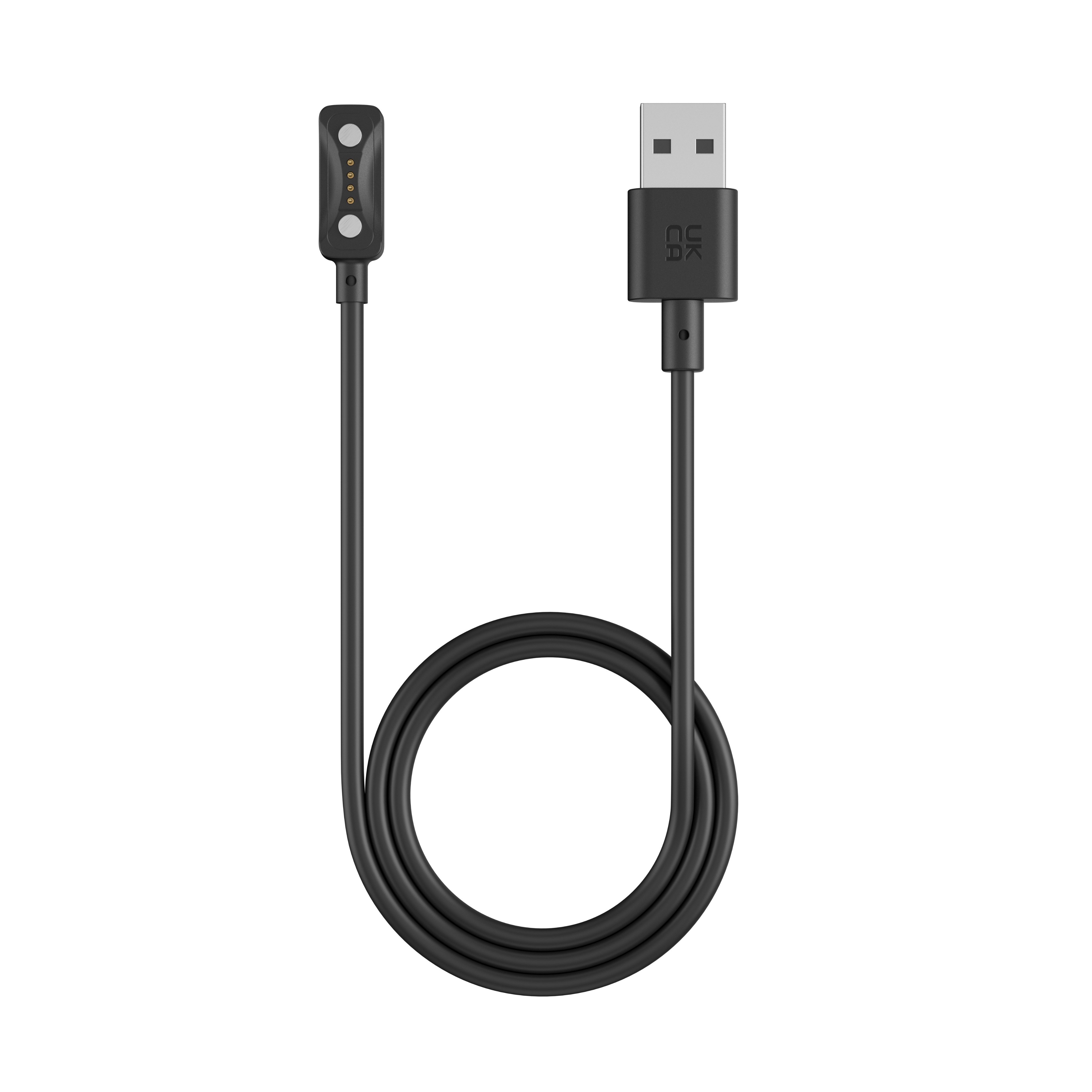 Schwarzes Ladekabel mit USB- und magnetischen Steckern.